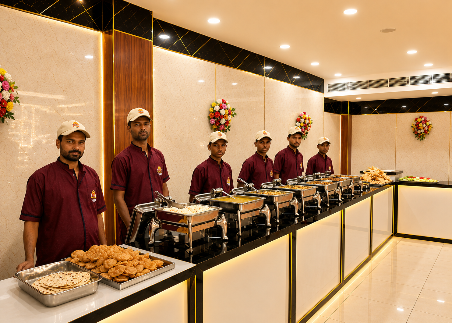 Bandhan Vatika catering staff and buffet setup